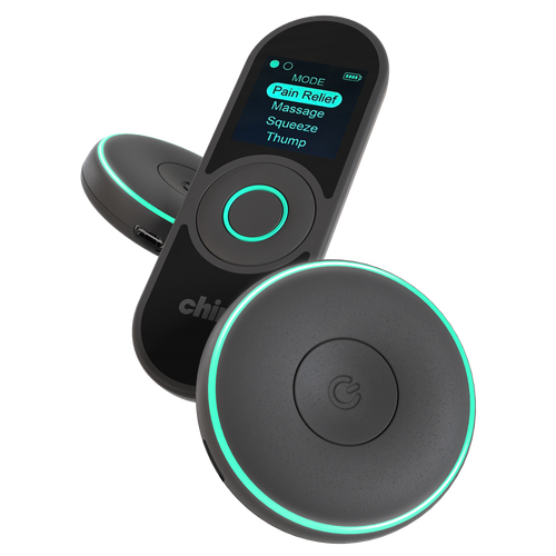 Chirp Halo wireless muscle stimulator, double unit, shown with pads