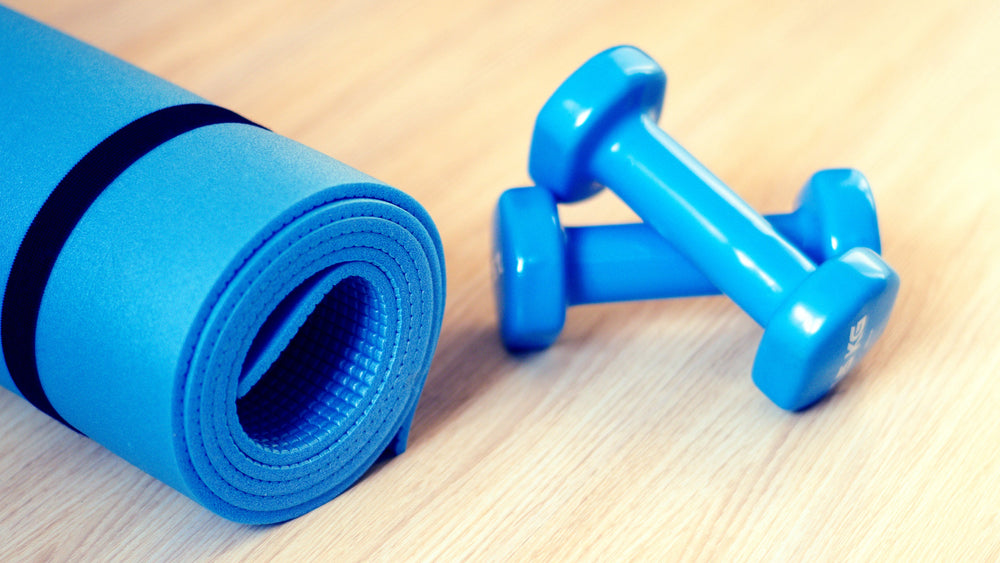 Blue Yoga Mat and Small Handweights