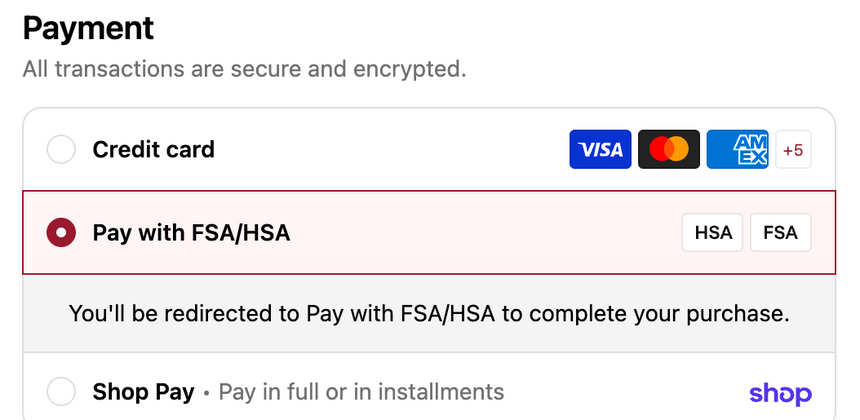 Checkout payment options with Pay with FSA/HSA selected