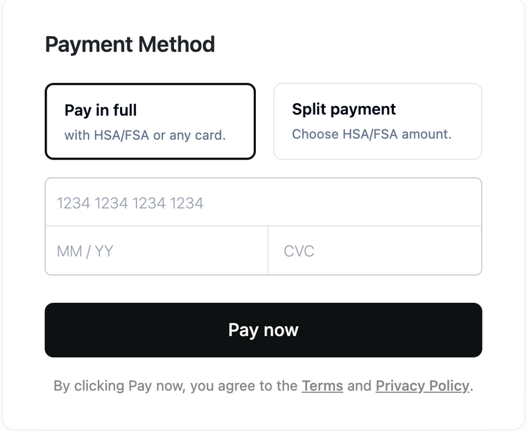 Payment method screen paying in full with HSA/FSA